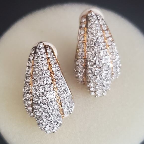 VTG Swarovski Large Earrings Clip On‎ Pave Crystals Gold Plated 80's Swan Signed - Picture 2 of 8